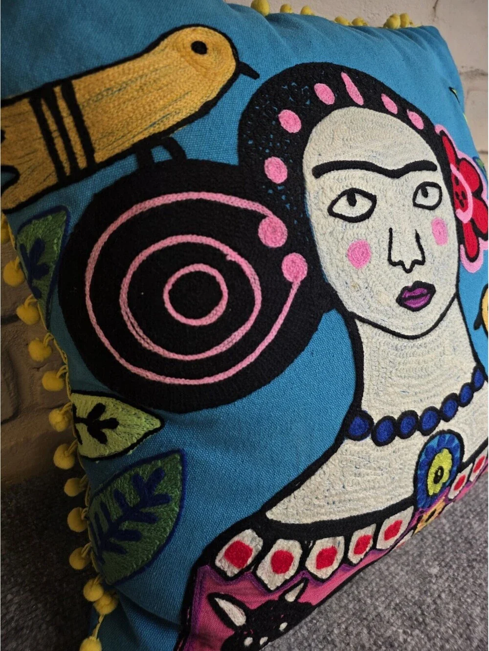 Karma Living Frida Kahlo Embroidered Pillow Cover 18x18 Turquoise Pom Pom Boho